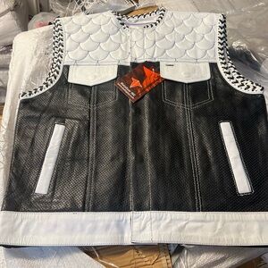 Hunt Club Style Braided Fish Scale Pattern Perforated Motorcycle Leather Vest